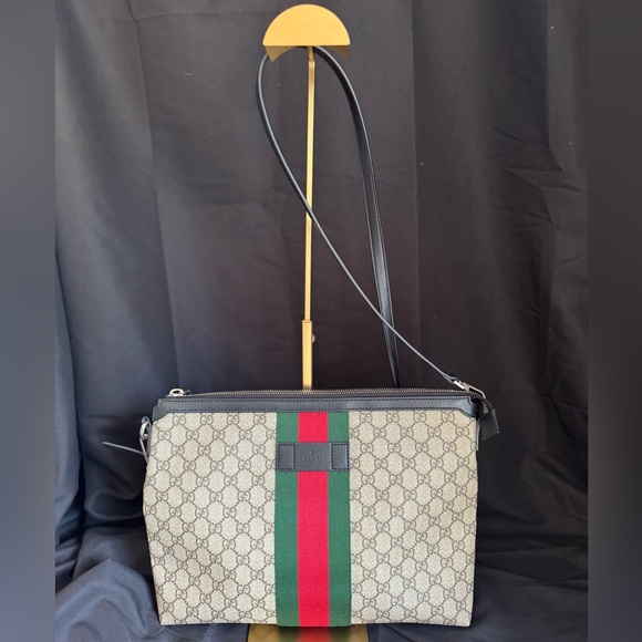Gucci Handbags - Gucci Beige GG Supreme Crossbody with Red and Green Web Stripe